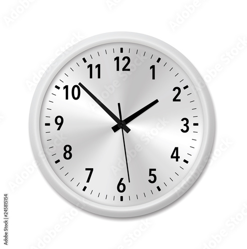 Realistic white modern quartz wall clock. Isolated on white background - stock vector.