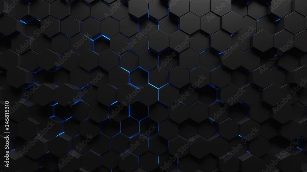 Abstract technological background made of black hexagons with blue glow. Seamless loop