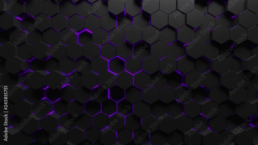 Abstract technological background made of black hexagons with purple glow. Seamless loop
