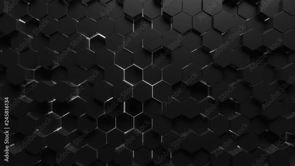 Abstract technological background made of black hexagons with white glow. Seamless loop