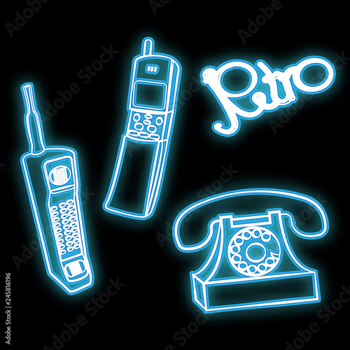 Beautiful abstract neon bright glowing icon, a sign from a set of old retro mobile phones from the 70s, 80s, 90s and the retro inscription copy space on a black background. Vector
