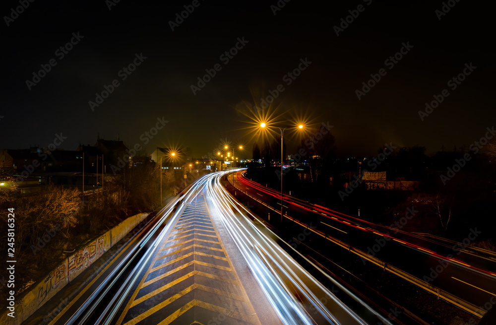 The car light trails in the city, view from the bridge, Brno, Czech Republic