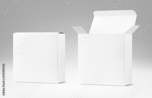 Realistic open and close cardboard boxes mockup. Vector illustration. Taking your 2D designs into 3D. Can be use for medicine, food, cosmetic and other. EPS10.