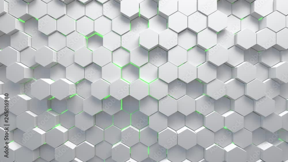 Abstract technological background made of white hexagons with green glow. Seamless loop