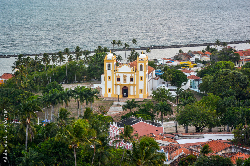 Aerial view of the historical Carmo church in Olinda, Pernambuco, Brazil with its Baroque style and construction dated from the 17th century.