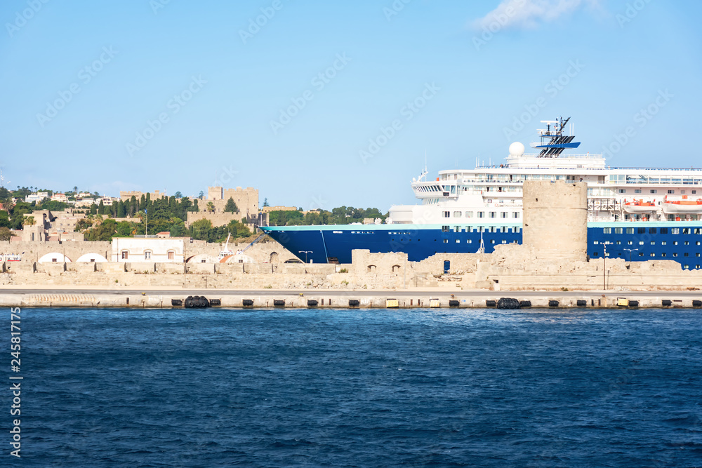 Cruise ship in harbor in City of Rhodes (Rhodes, Greece)