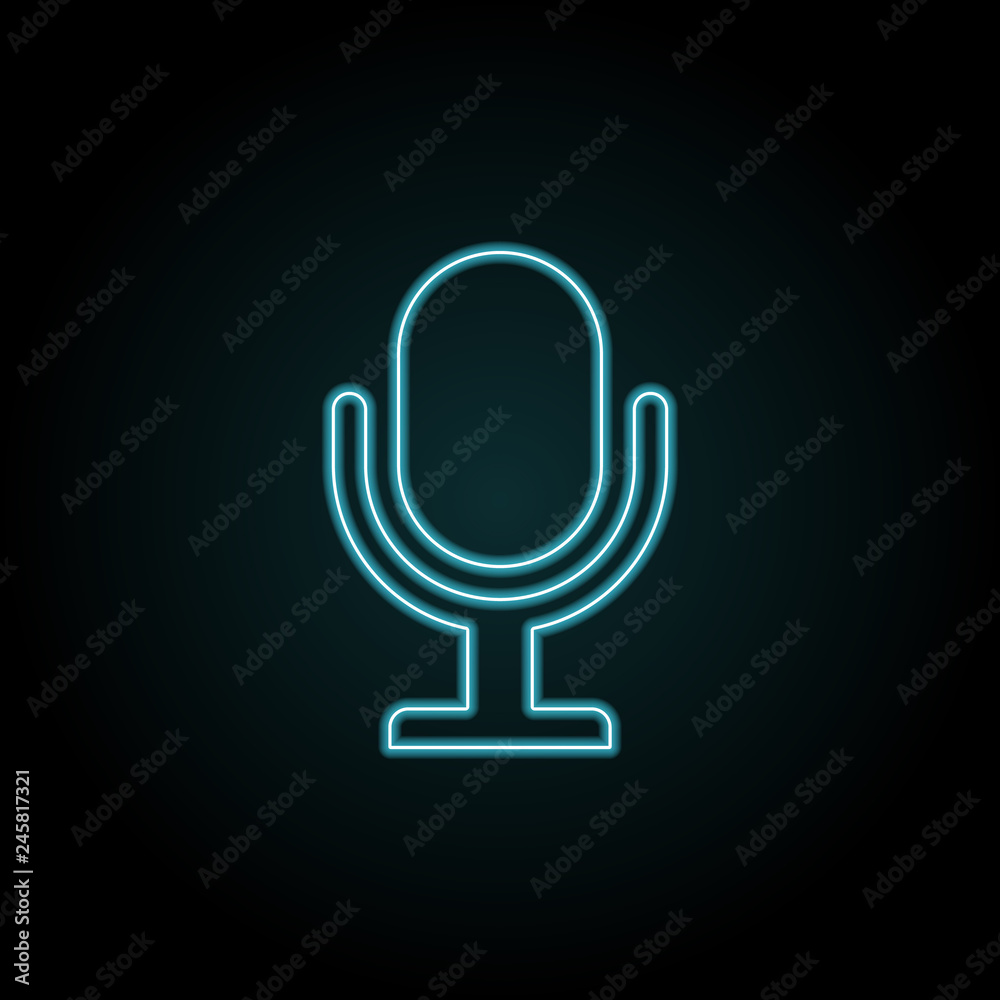Microphone icon in neon style. Simple thin line, outline vector of cinema icons for UI and UX, website or mobile application Microphone icon in neon style. Simple thin line, outline vector of cinema icons for UI and UX, website or mobile application