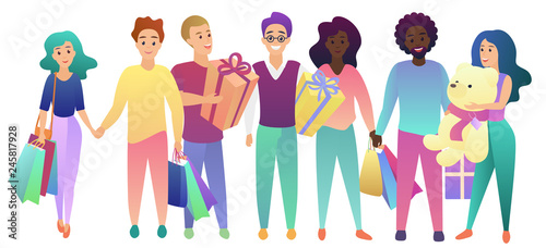 Happy Birthday. Young people group with shopping bags and presents gifts. Congratulations to a friend vector illustration.