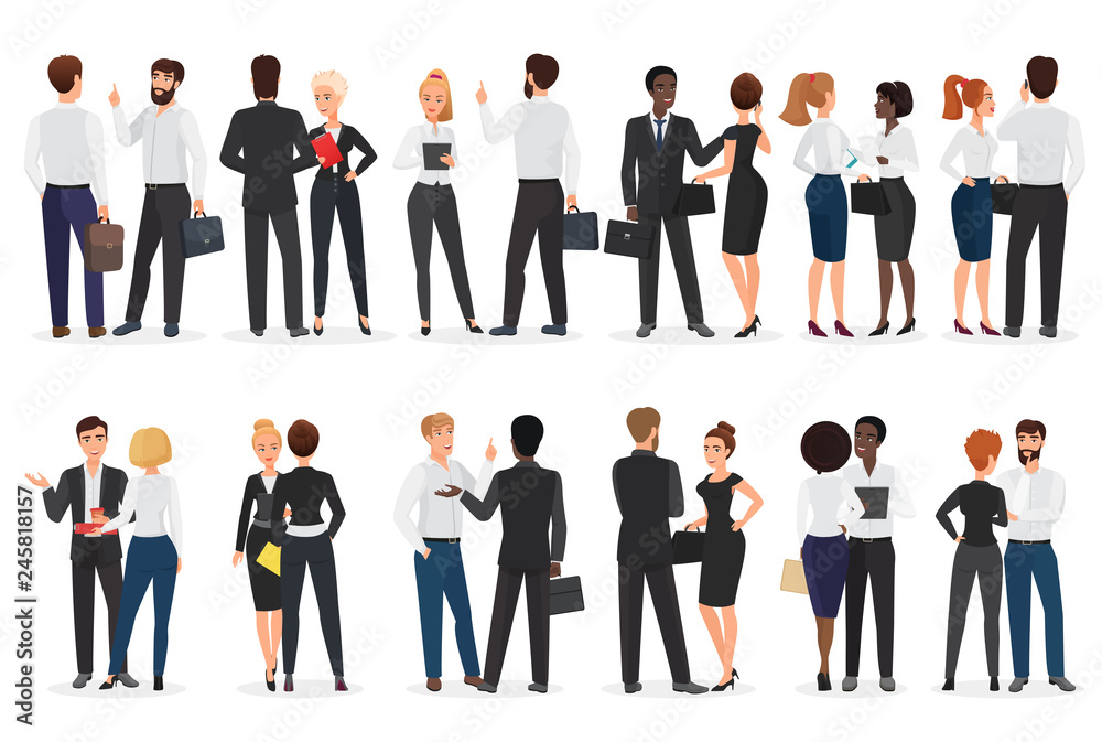 Business people conversation. Man and woman standing together and talking, discussing, negotiating. Front and back view vector illustration.