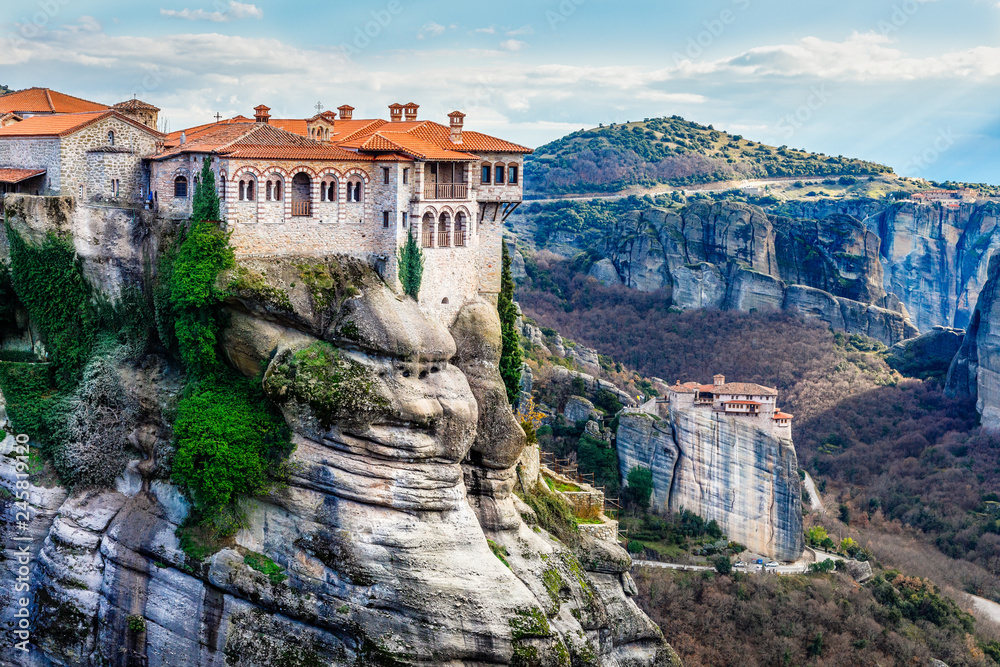 Varlaam monastery located on the huge rock and Roussanou women Monastery below in the background, Kalabaka, Meteors, Trikala, Thessaly, Greece