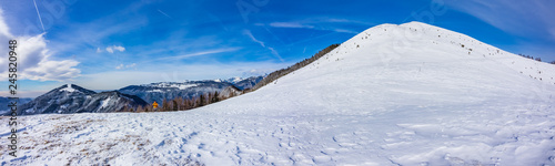 Panorama of the mount Lepenatka mountain summit and the Kamnik-Savinja Alps in the background, Slovenia