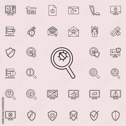 beetle under a magnifying glass icon. Virus Antivirus icons universal set for web and mobile