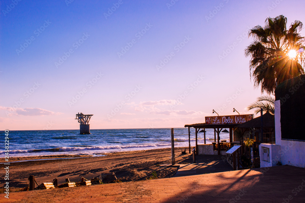 Fototapeta premium Beach. Mediterranean Sea and the Sunny Beach in Marbella. Picture taken – 27 January 2019.