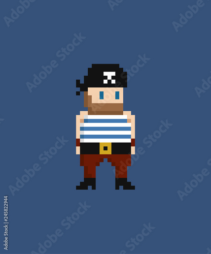 Pixel art vector illustration - 8 bit pirate in sailor suit and bandana