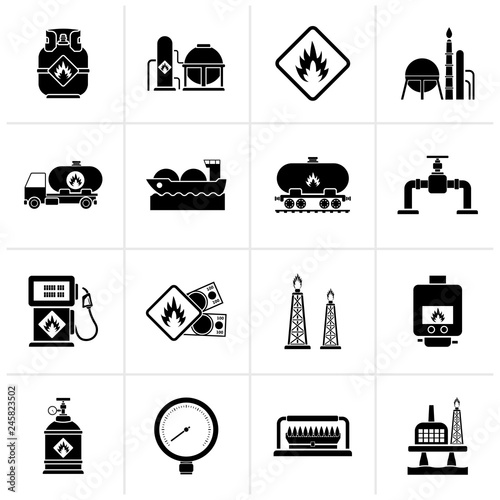 Black Natural gas fuel and energy industry icons  - vector icon set