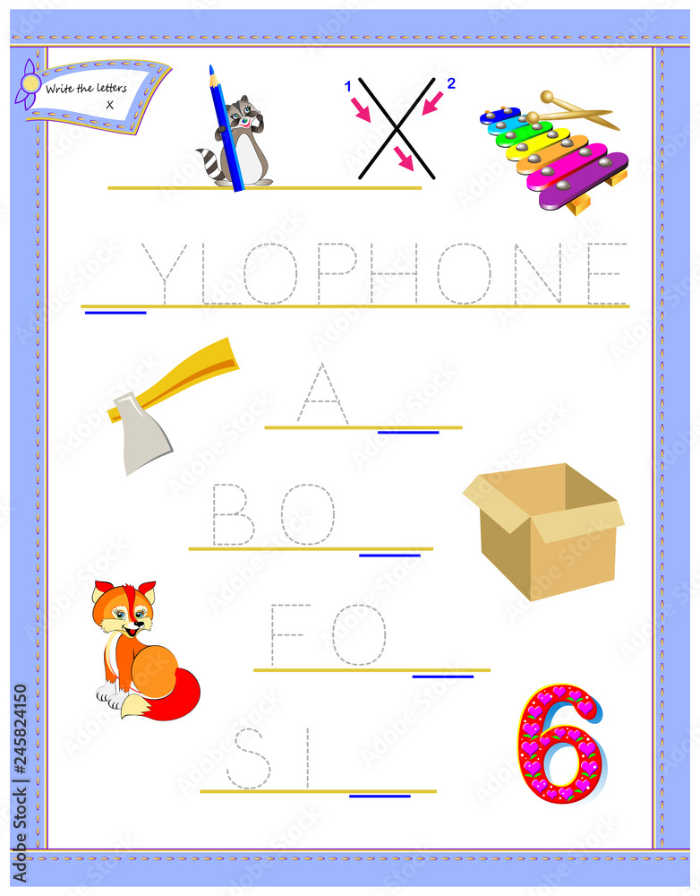 tracing letter x for study english alphabet printable worksheet for kids logic puzzle game education page for kindergarten developing children skills for writing and reading vector cartoon image stock vector adobe