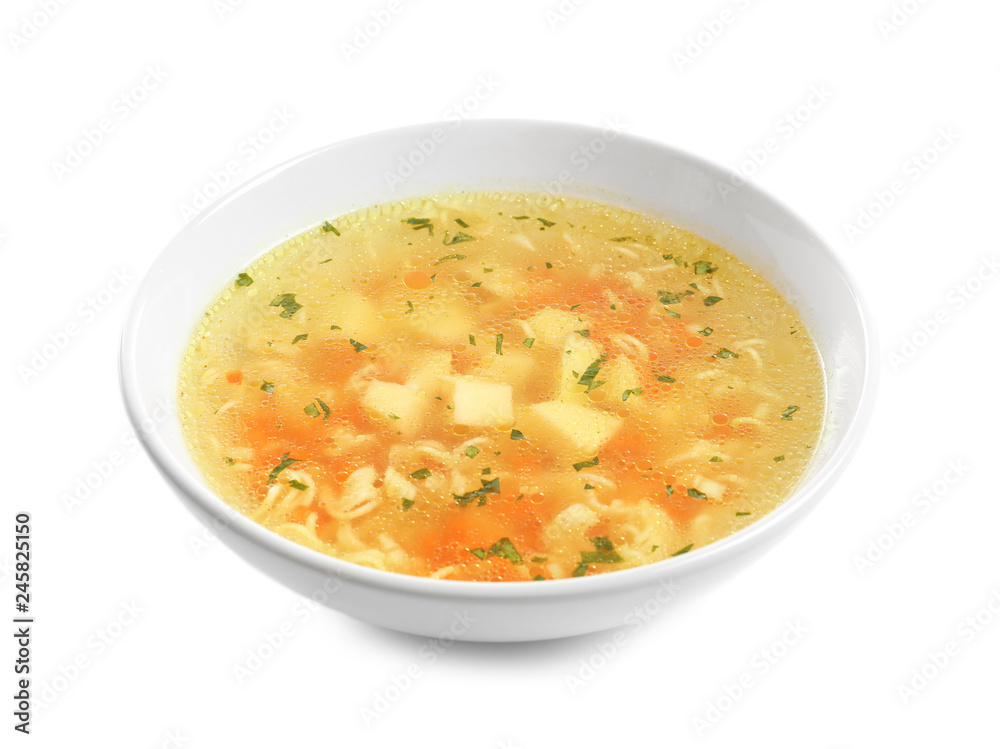 Hot vegetable soup with noodles in bowl on white background. Healthy food Hot vegetable soup with noodles in bowl on white background. Healthy food