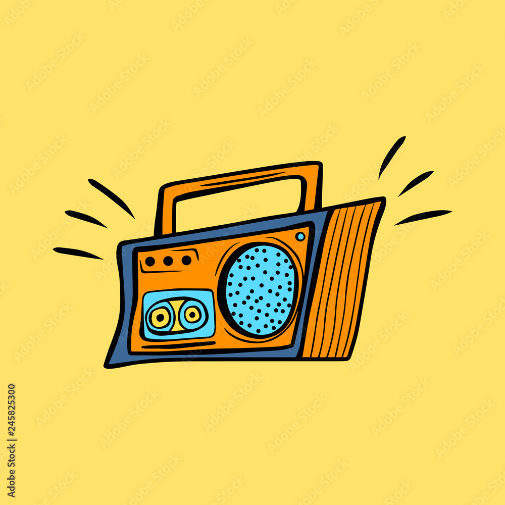 Cartoon style vector illustration with retro music radio. Great design  element for sticker, patch or poster. Unique and fun drawing Stock Vector |  Adobe Stock