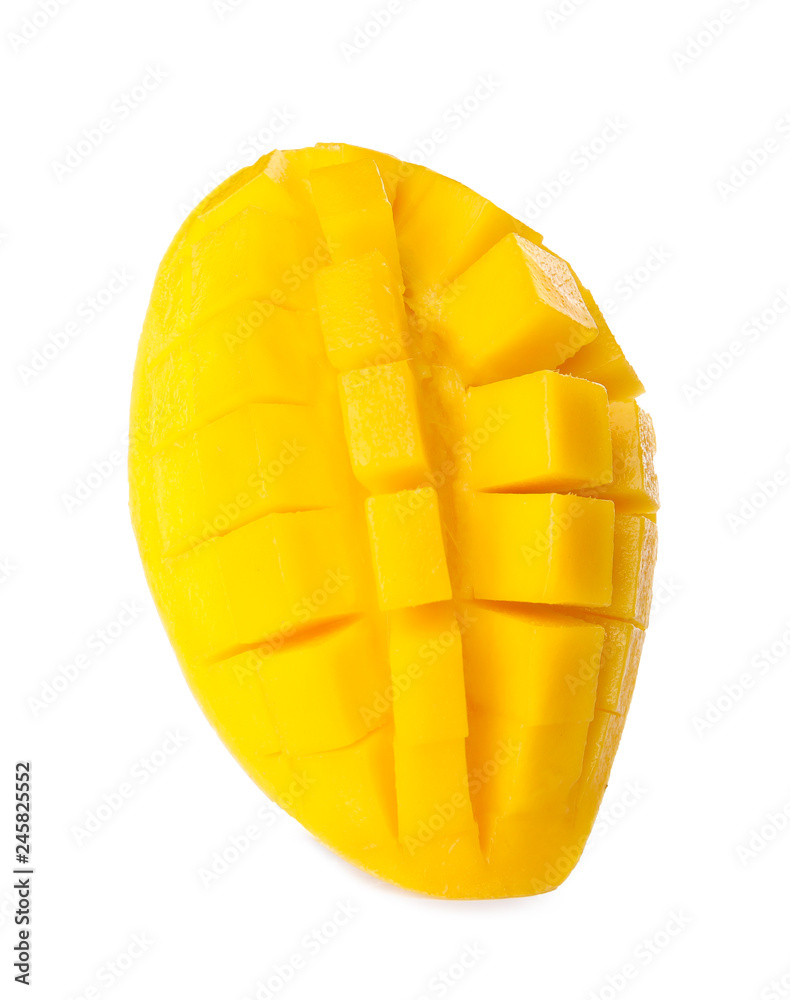 Fresh juicy mango half on white background