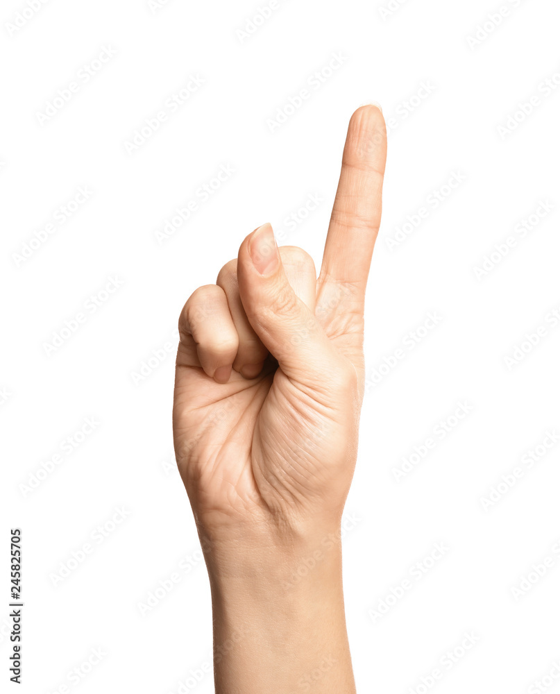 Woman showing number one on white background, closeup. Sign language Woman showing number one on white background, closeup. Sign language