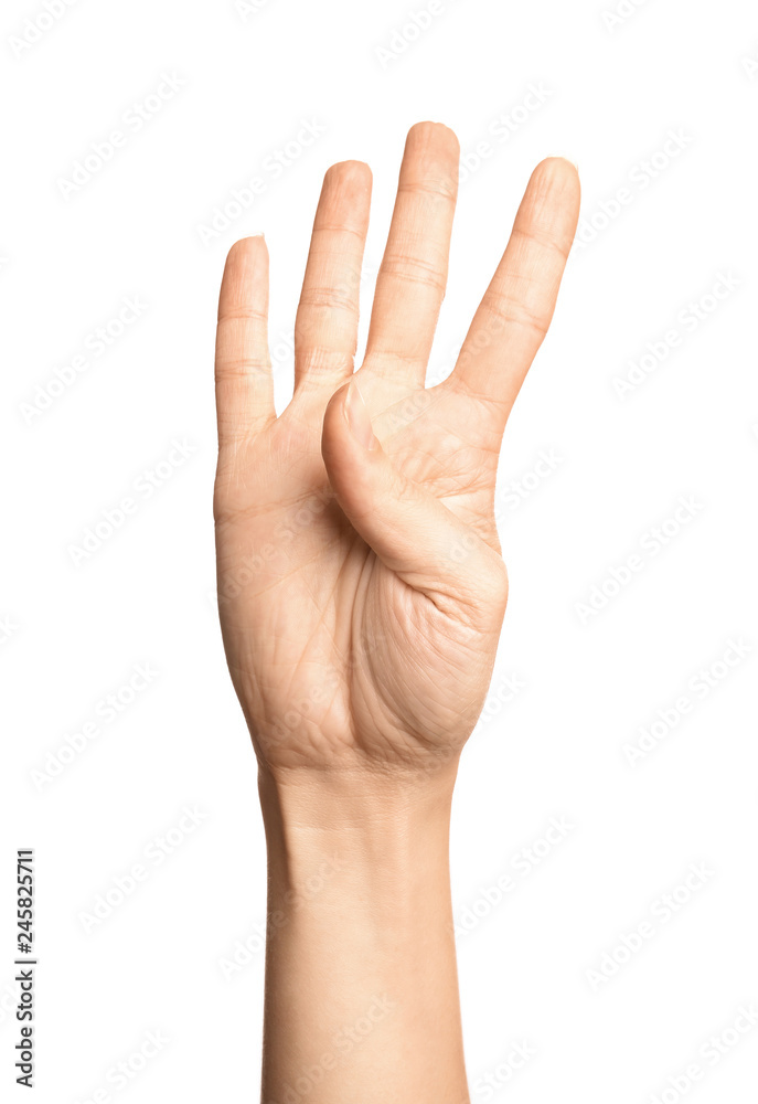Woman showing number four on white background, closeup. Sign language Woman showing number four on white background, closeup. Sign language