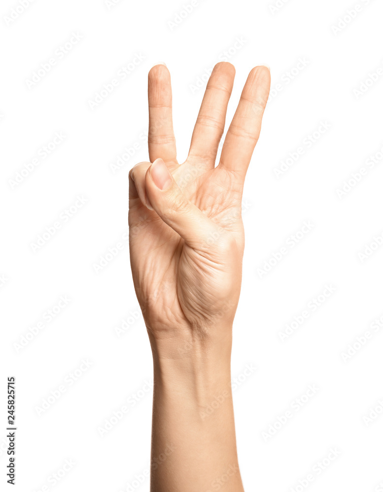 Woman showing number six on white background, closeup. Sign language Woman showing number six on white background, closeup. Sign language