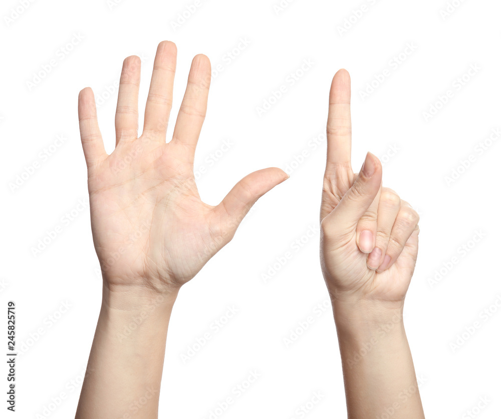 Woman showing sign six on white background, closeup. Body language Woman showing sign six on white background, closeup. Body language