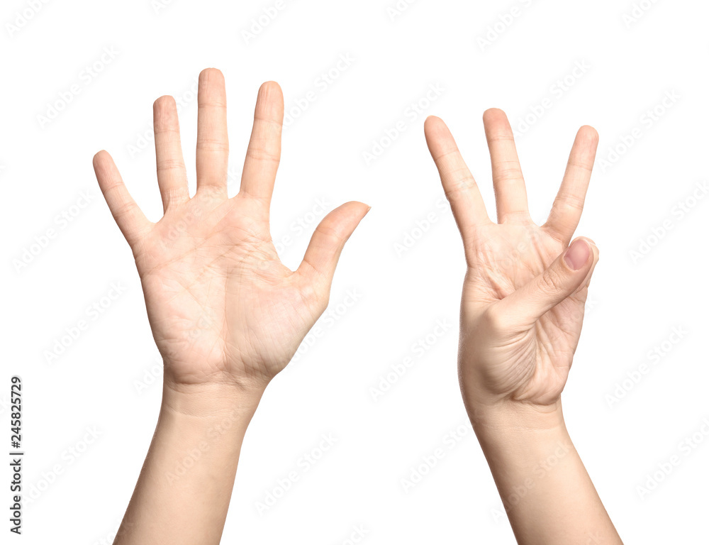 Woman showing sign eight on white background, closeup. Body language Woman showing sign eight on white background, closeup. Body language