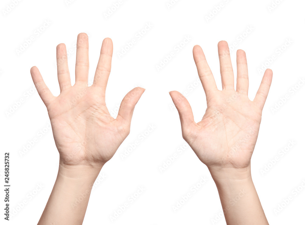 Woman showing sign ten on white background, closeup. Body language Woman showing sign ten on white background, closeup. Body language