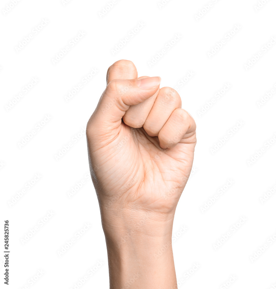 Woman showing S letter on white background, closeup. Sign language Woman showing S letter on white background, closeup. Sign language