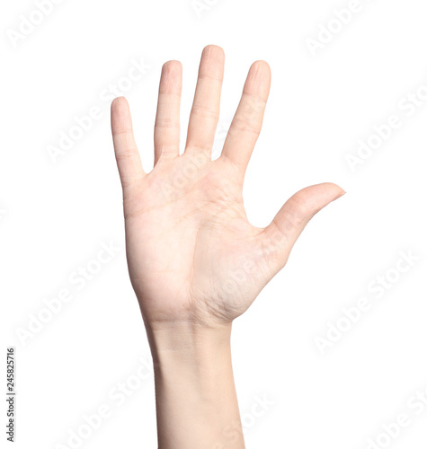 Woman showing number five on white background, closeup. Sign language