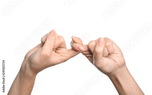 Fotografia Woman showing word friend on white background, closeup
