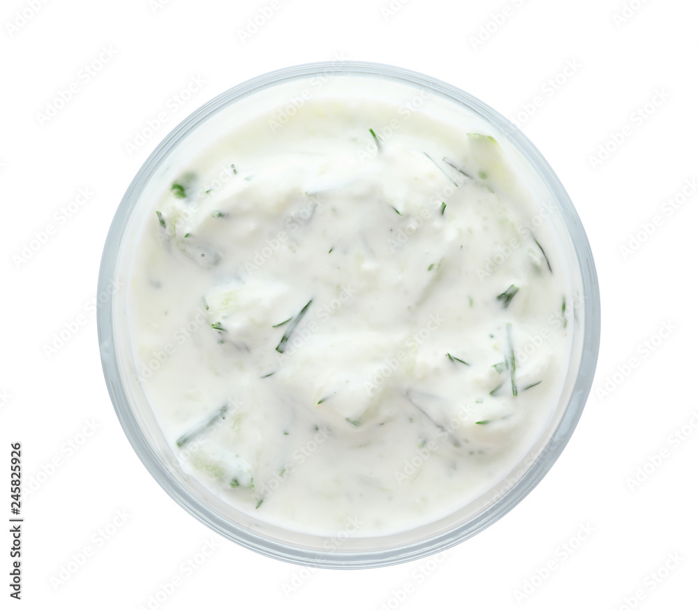 Bowl with cucumber sauce on white background, top view Bowl with cucumber sauce on white background, top view