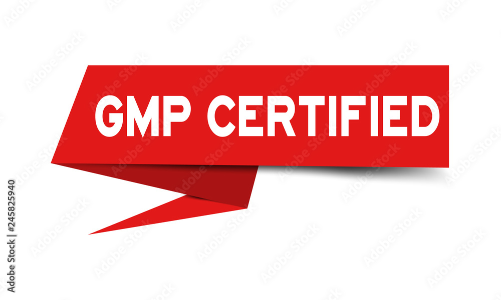Red paper speech banner with word GMP (Abbreviation of good manufacturing practice) certified on white background (Vector) Red paper speech banner with word GMP (Abbreviation of good manufacturing practice) certified on white background (Vector)