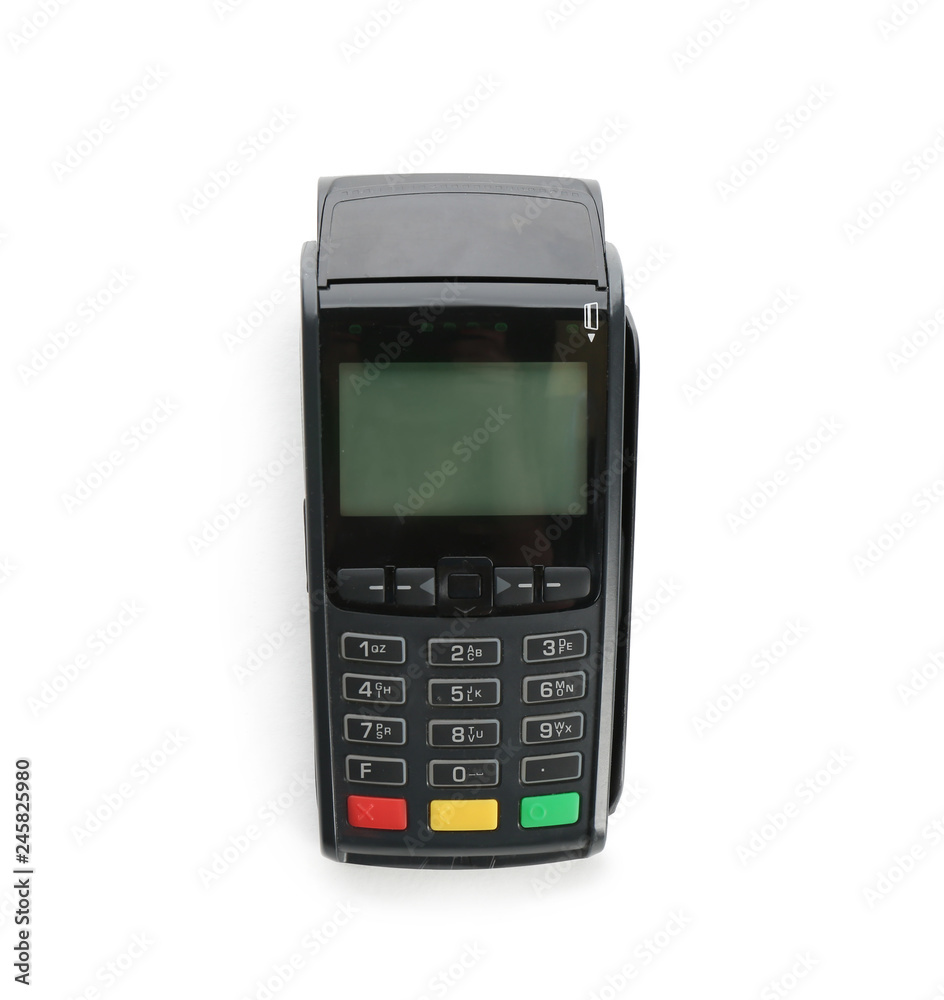 Modern payment terminal on white background, top view. Space for text Modern payment terminal on white background, top view. Space for text