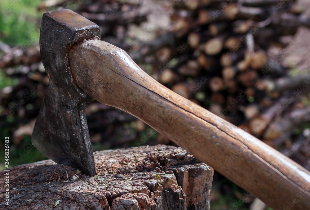 Old ax in hemp, on the background of firewood. Old ax in hemp, on the background of firewood.