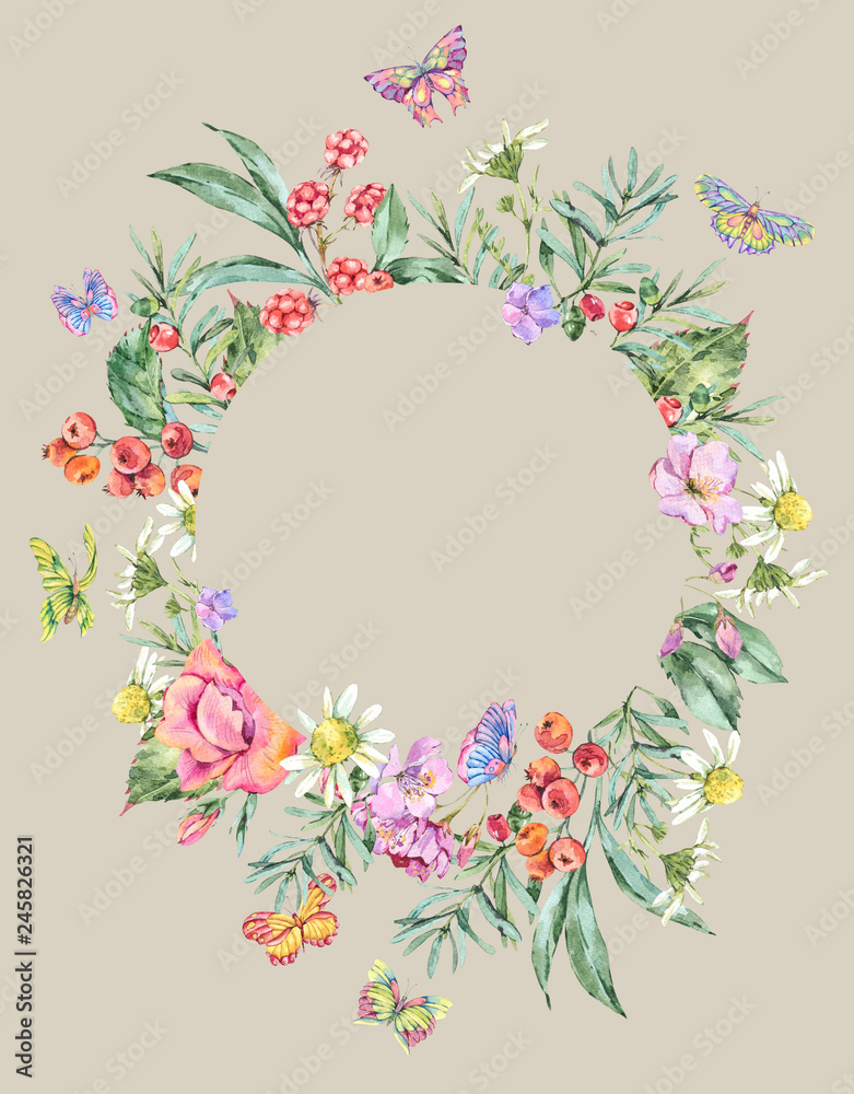 Fototapeta premium Watercolor Summer Round Frame with Chamomile, Berries, Wildflowers, Blackberry and Butterflies