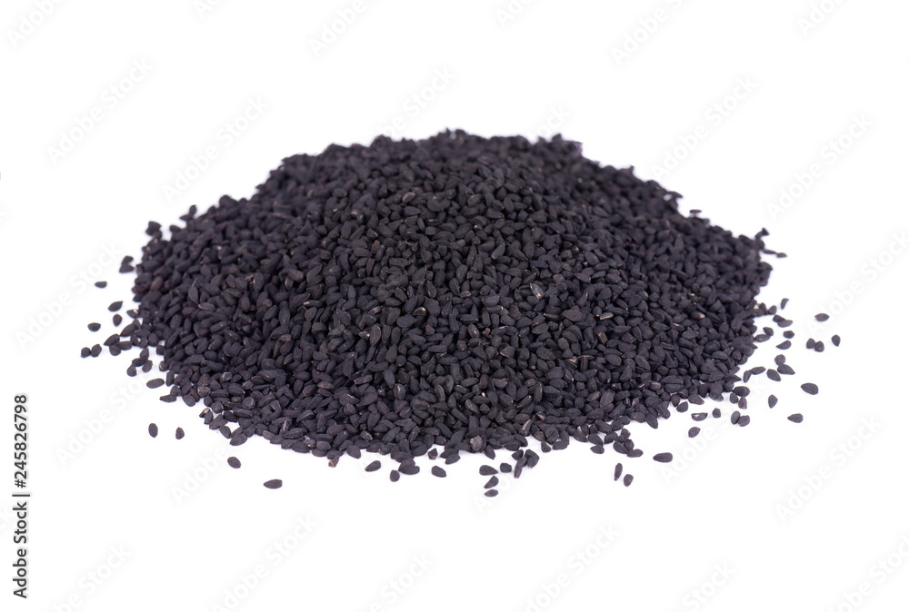 Black cumin seeds, isolated on white background. Nigella sativa. Black cumin seeds, isolated on white background. Nigella sativa.
