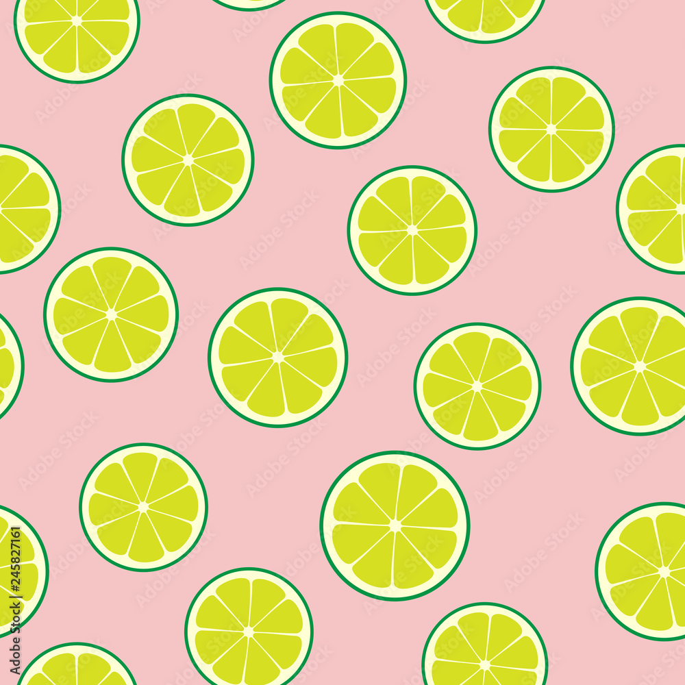 Pink Limeade Seamless Vector Pattern Tile. Green Lime Halves Round Slices Randomly Arranged on Pink Background. Lemonade Stand Summer Picnic Party Decor. Food Packaging Design. Swatch Included.