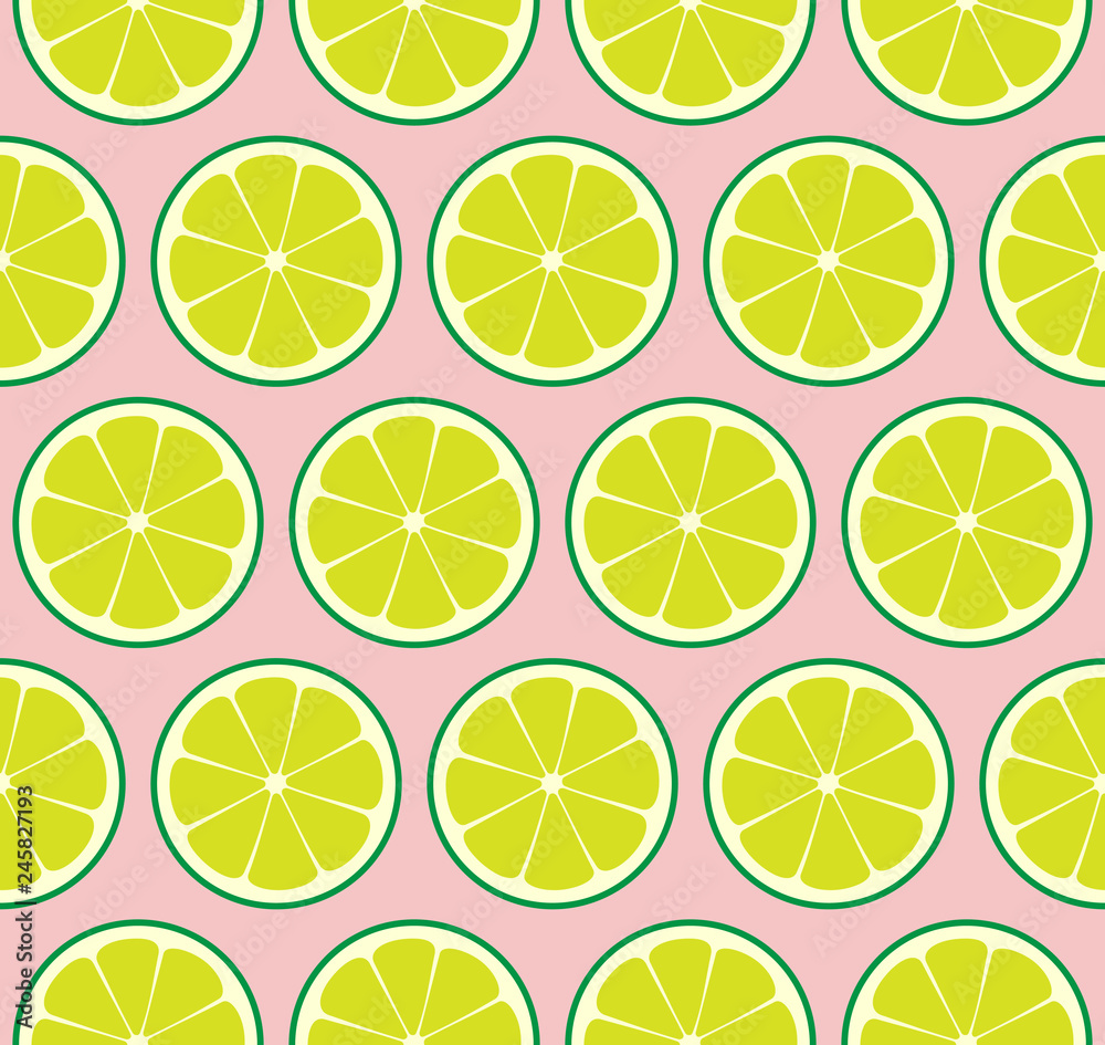 Pink Limeade Seamless Vector Pattern Tile. Green Limes Cut in Half into Round Slices Arranged on Pink Background. Lemonade Stand Summer Party Decoration. Food Packaging Design. Swatch Included.