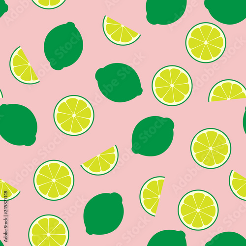 Pink Limeade Seamless Vector Pattern Tile. Green Lime Round and Half Slices Randomly Arranged on Pink Background. Lemonade Stand Summer Picnic Party Decor. Food Packaging Design. Swatch Included.