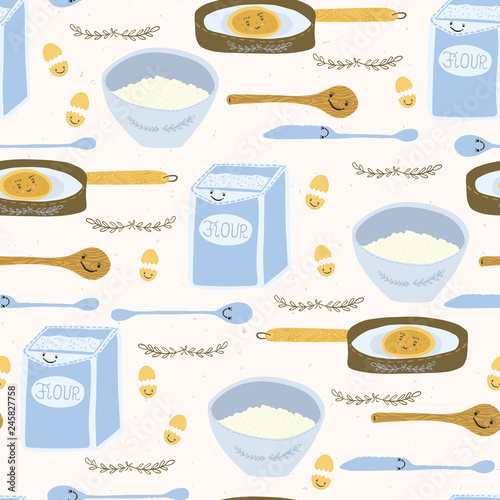 Cute vector pancake day breakfast recipe llustration. Seamless repeating pattern. Hand drawn cooking pancakes, frying pan, kawaii smiling face knife, wooden spoon, flour ingredients. All over print.