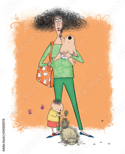 Funny Frazzled Mom With Two Small Children photo