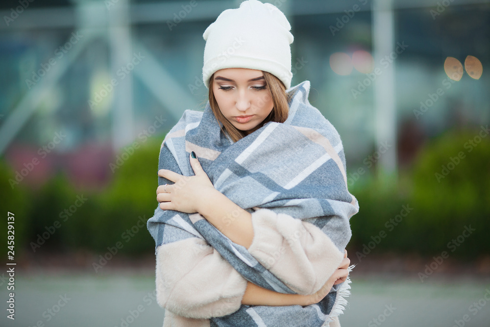 Cold and flu. Woman get sick and cough, wearing autumn clothes Cold and flu. Woman get sick and cough, wearing autumn clothes