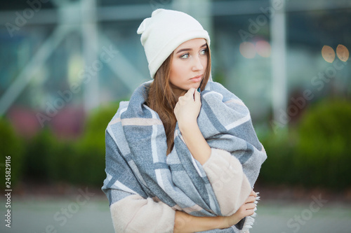 Cold and flu. Woman get sick and cough, wearing autumn clothes