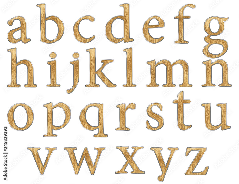 Set of english alphabet letters in lowercase, gold and silver texture, isolated on white background, 3d illustration Set of english alphabet letters in lowercase, gold and silver texture, isolated on white background, 3d illustration