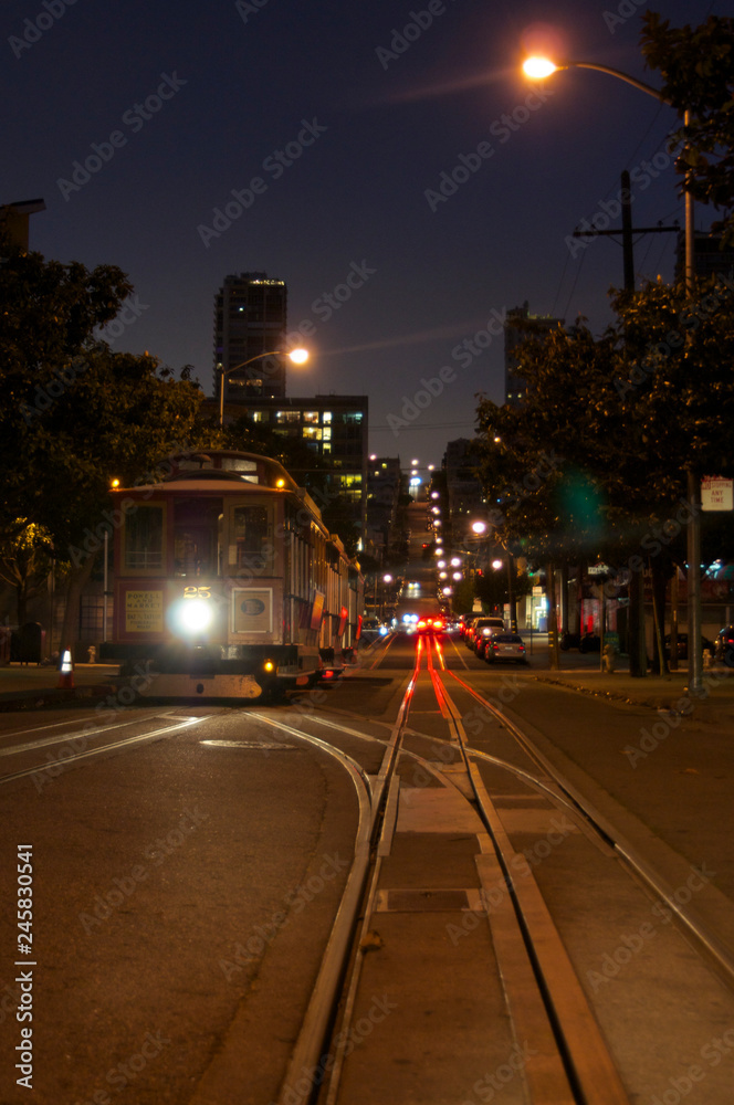 A night picture of a typical Streetcar of San Francisco