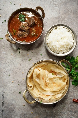 Goat or Lamb Mutton curry with rice nd roti/ Indian meal photo