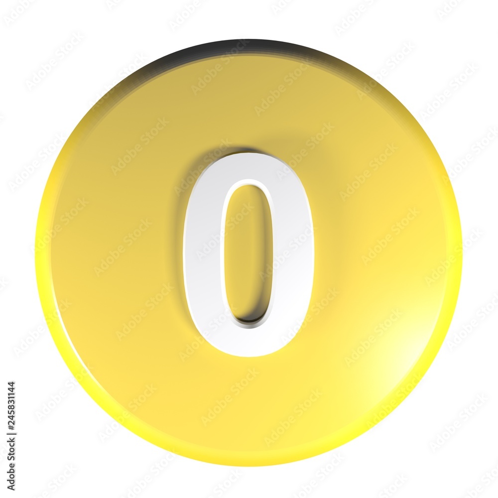 Number 0 yellow circle push button - 3D rendering illustration Number 0 yellow circle push button - 3D rendering illustration