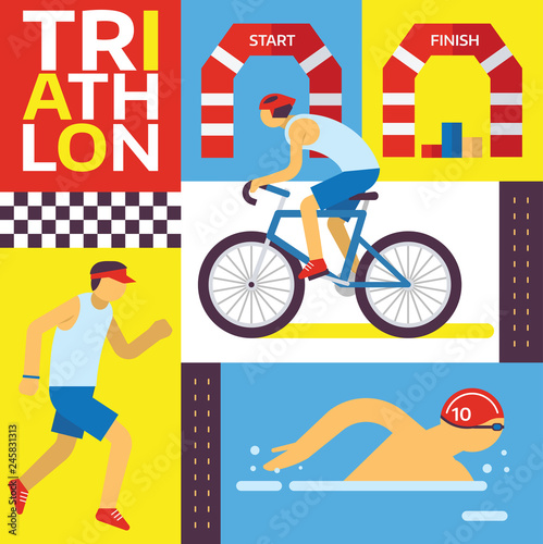 Triathlon track vector illustration. Swimming, riding, running banner. Fast sportsman in triathlon competition, exercise sport concept set. Healthy lifestyle. Fit male characters.